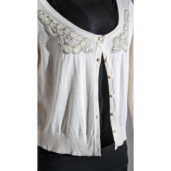 Candie's Beaded Crop Cardigan Sweater Button Down Embellished Knit Top Medium - Picture 3 of 4